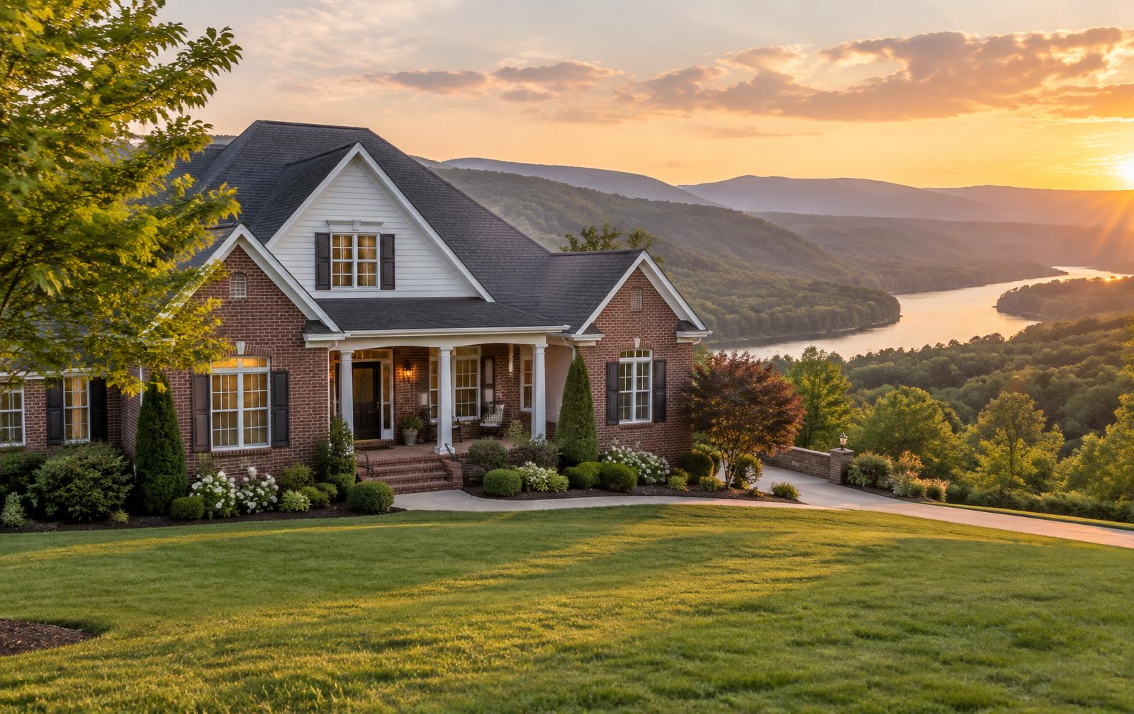 Home overlooking an East Tennessee river valley at sunset